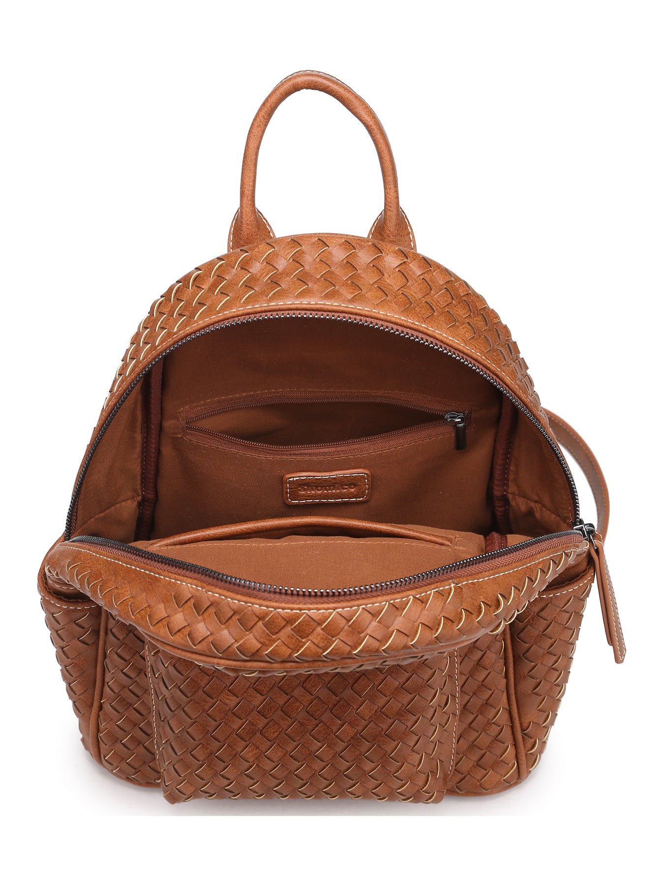 Stylish camel-colored woven backpack purse made from vegan leather, showcasing intricate handmade craftsmanship.