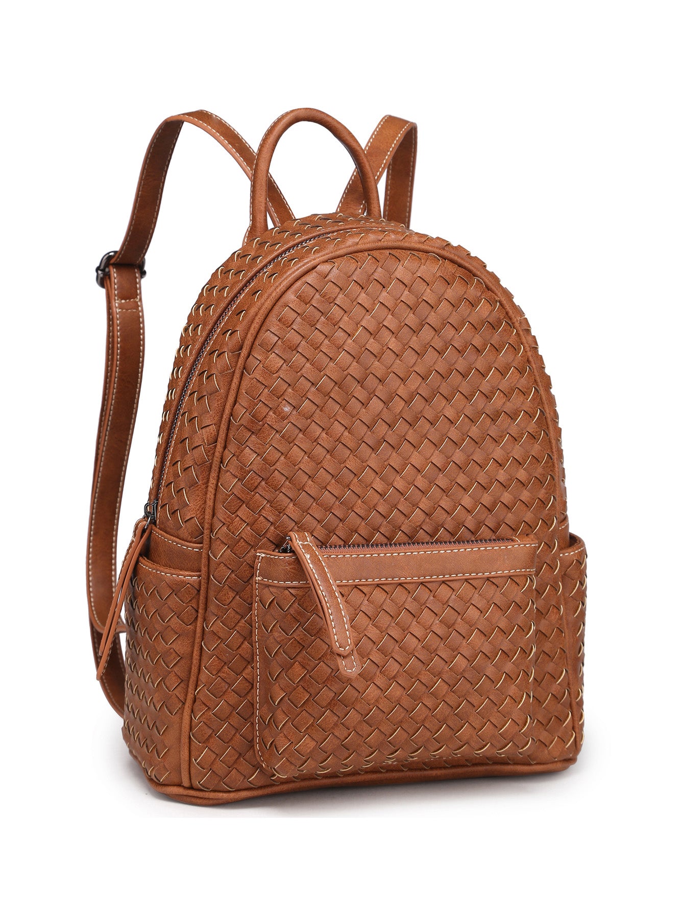 Stylish camel-colored woven backpack purse made from vegan leather, showcasing intricate handmade craftsmanship.