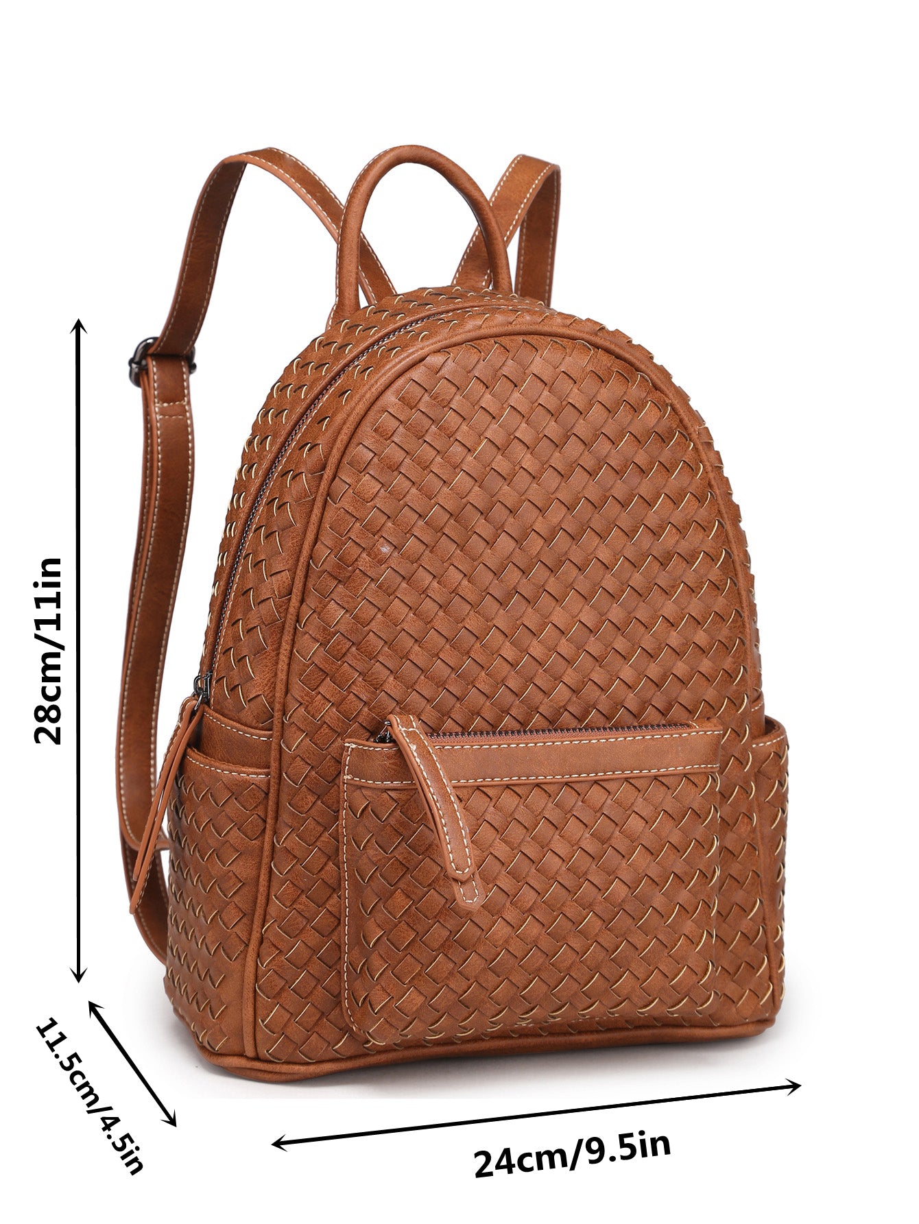 Stylish camel-colored woven backpack purse made from vegan leather, showcasing intricate handmade craftsmanship.