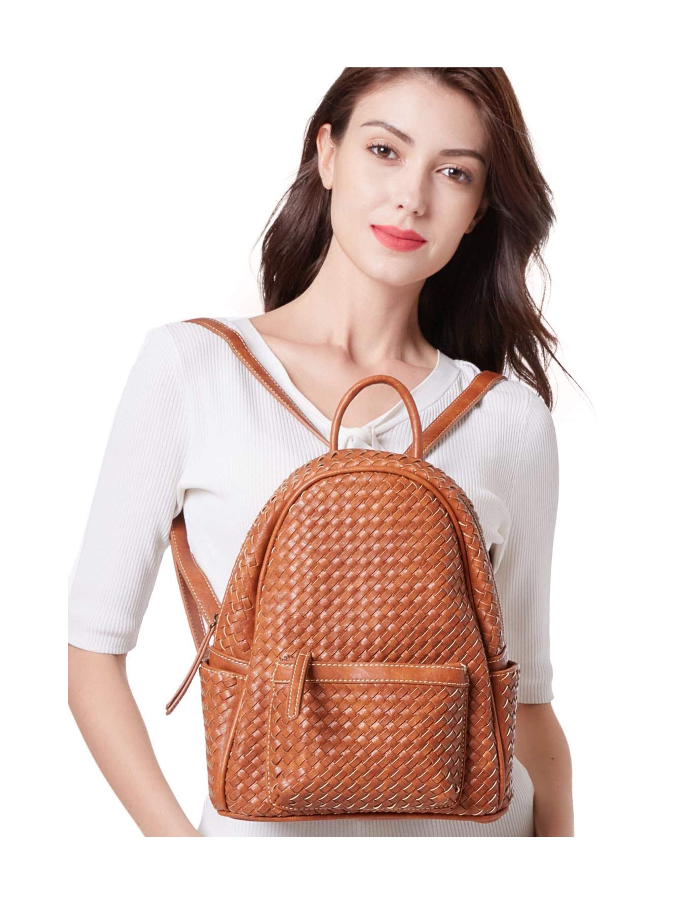 Stylish camel-colored woven backpack purse made from vegan leather, showcasing intricate handmade craftsmanship.