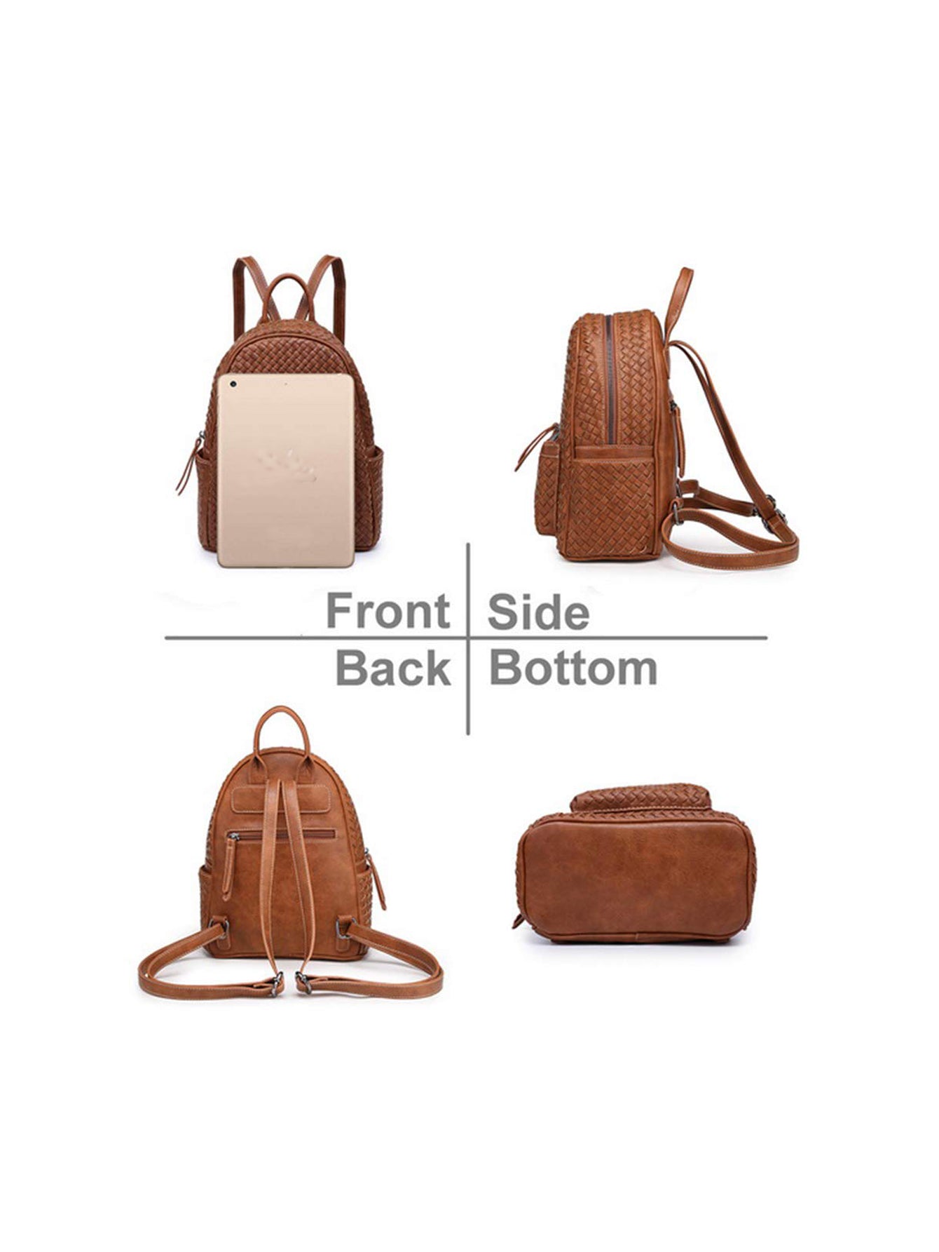 Stylish camel-colored woven backpack purse made from vegan leather, showcasing intricate handmade craftsmanship.
