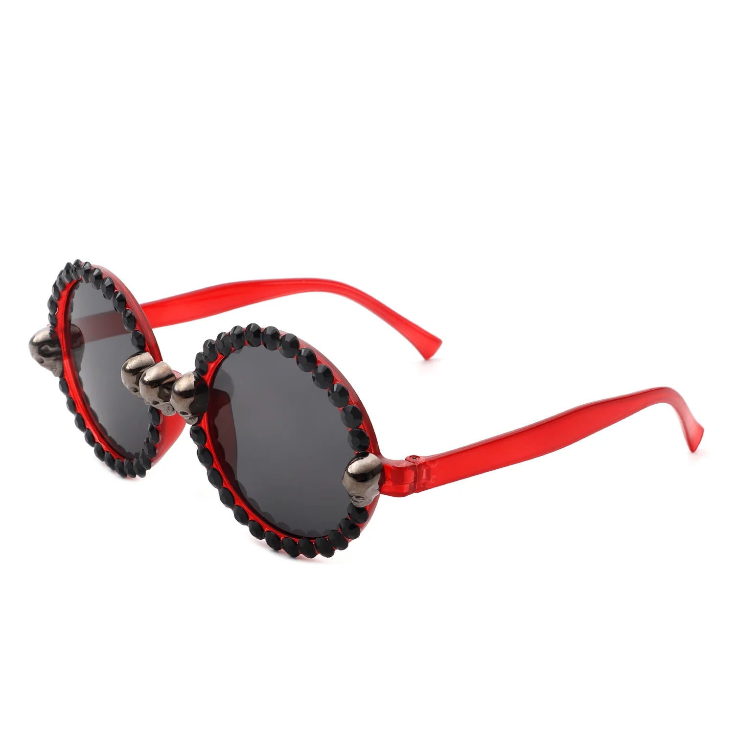 Aerion Retro Round Gothic Rhinestone Skull Party Sunglasses with rhinestone embellishments on round frames, stylish and protective.