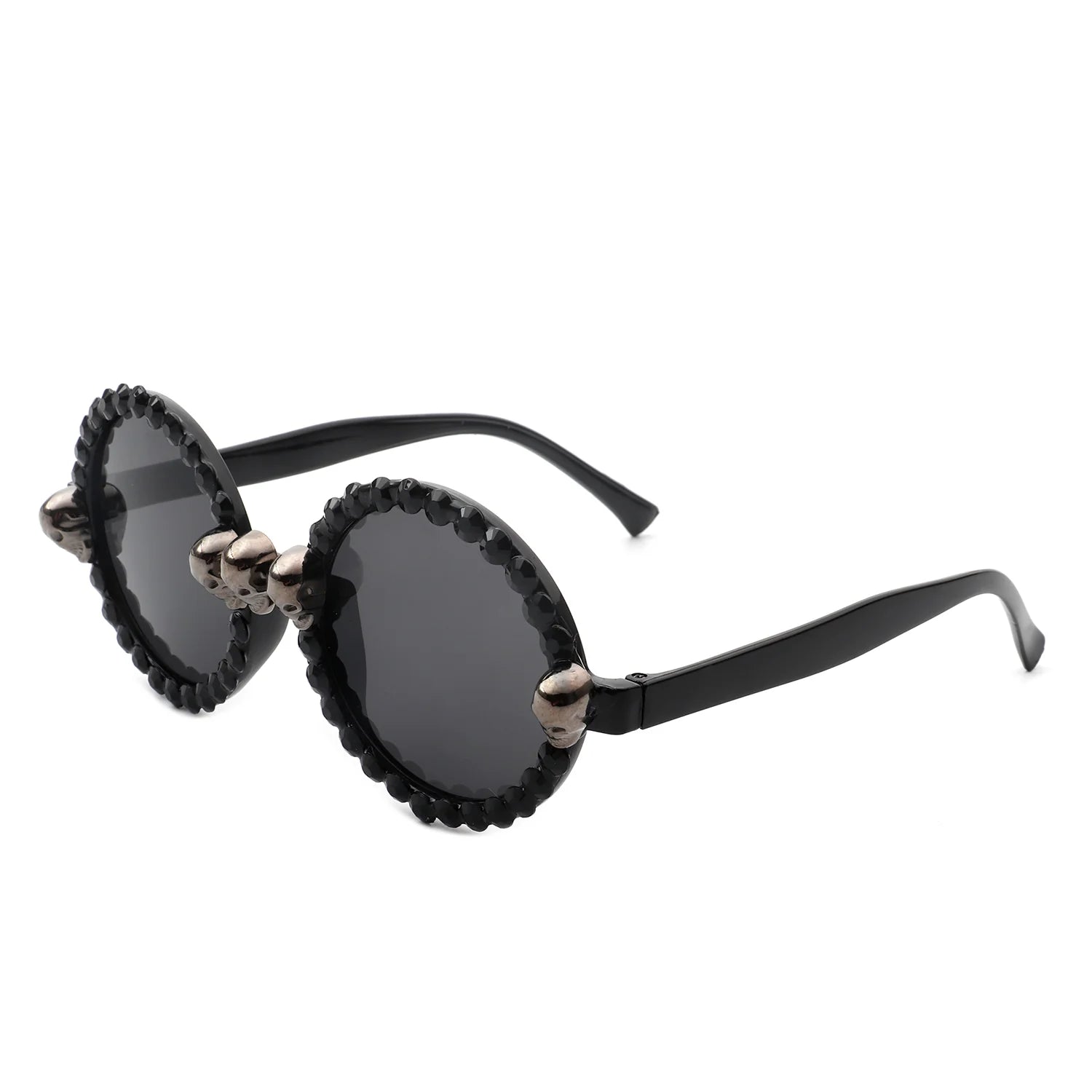 Aerion Retro Round Gothic Rhinestone Skull Party Sunglasses with rhinestone embellishments on round frames, stylish and protective.