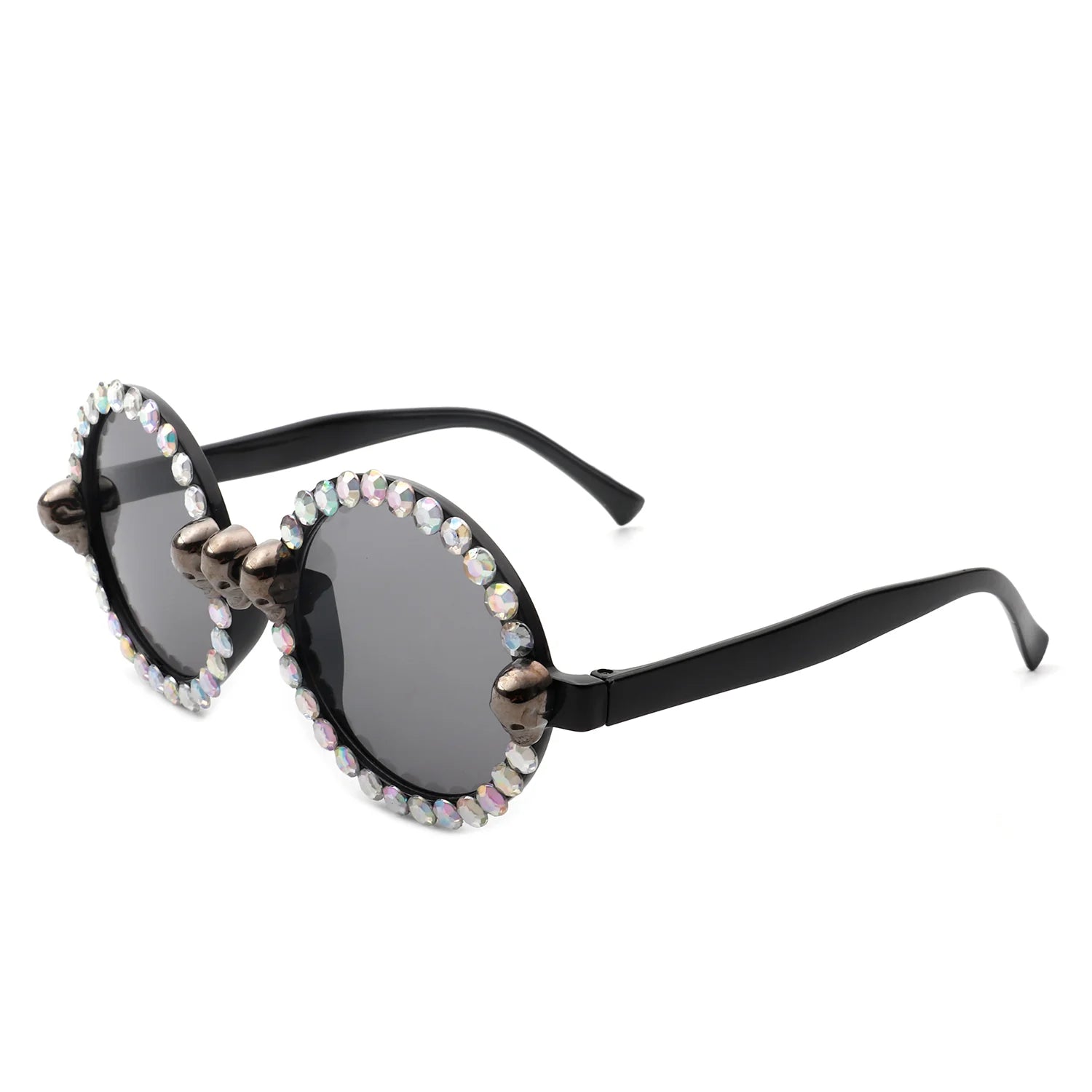 Aerion Retro Round Gothic Rhinestone Skull Party Sunglasses with rhinestone embellishments on round frames, stylish and protective.
