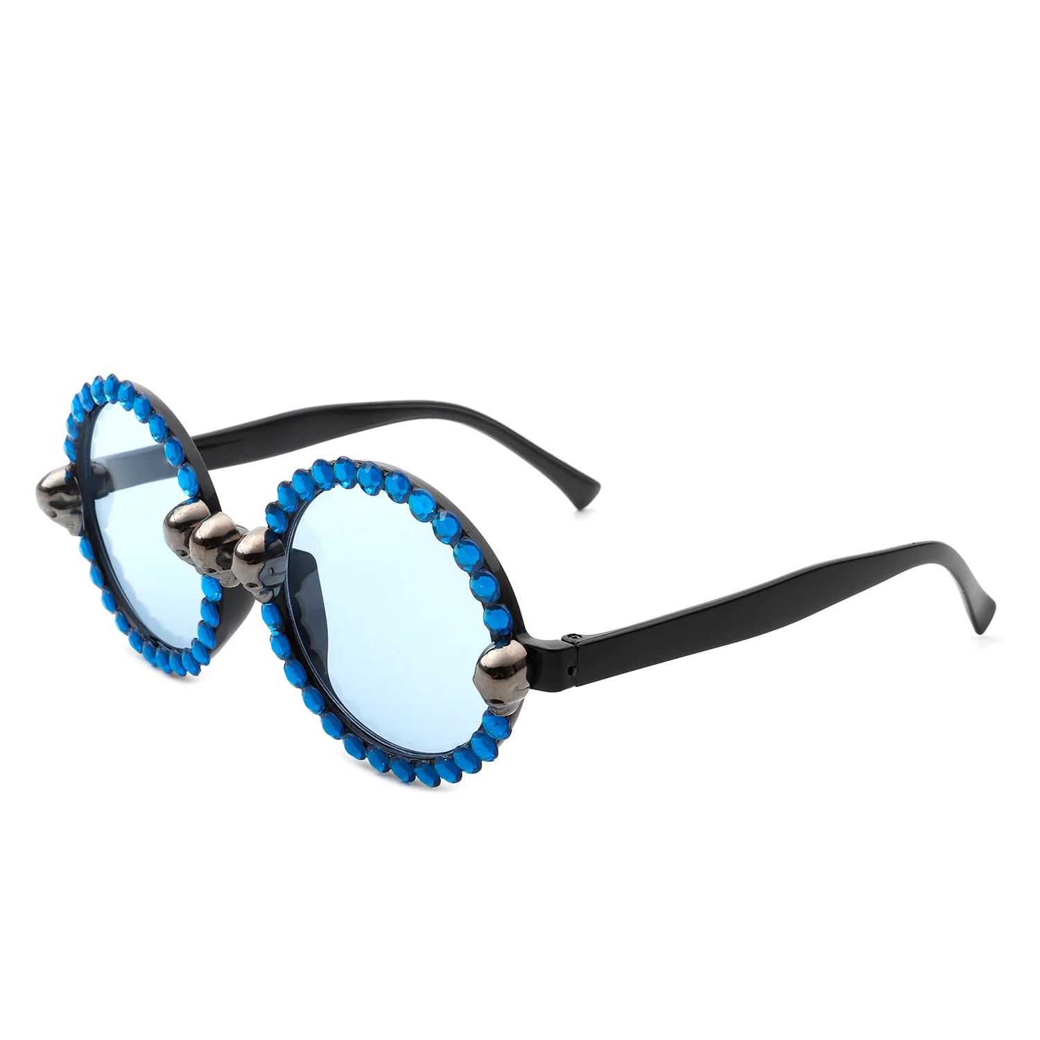 Aerion Retro Round Gothic Rhinestone Skull Party Sunglasses with rhinestone embellishments on round frames, stylish and protective.