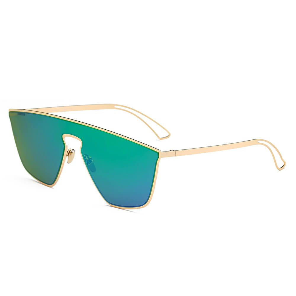 BEVERLY Women Square Futuristic Flat Lens Sunglasses with a sleek metal frame and flat mirrored lenses in various colors.