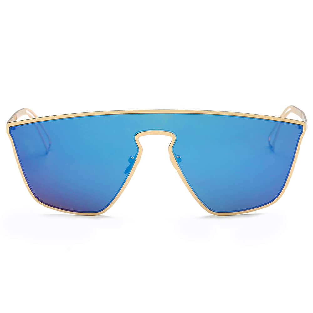 BEVERLY Women Square Futuristic Flat Lens Sunglasses with a sleek metal frame and flat mirrored lenses in various colors.