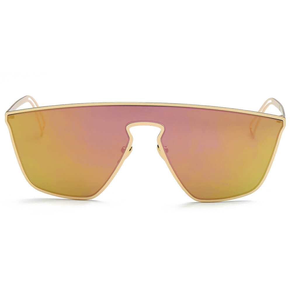 BEVERLY Women Square Futuristic Flat Lens Sunglasses with a sleek metal frame and flat mirrored lenses in various colors.