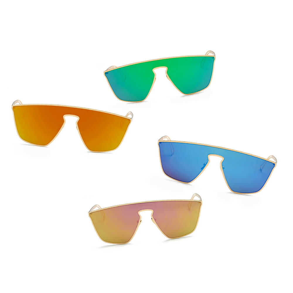 BEVERLY Women Square Futuristic Flat Lens Sunglasses with a sleek metal frame and flat mirrored lenses in various colors.