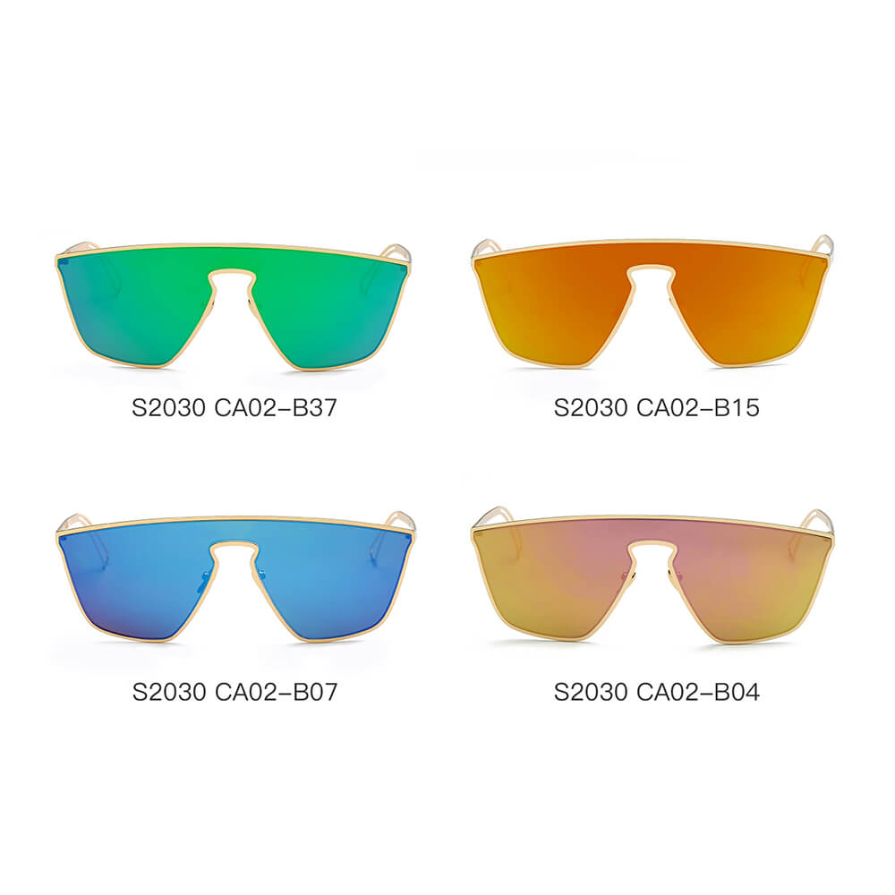 BEVERLY Women Square Futuristic Flat Lens Sunglasses with a sleek metal frame and flat mirrored lenses in various colors.