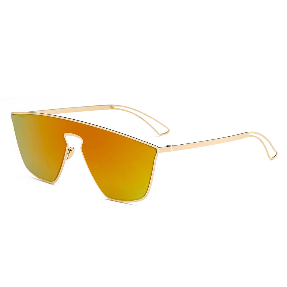 BEVERLY Women Square Futuristic Flat Lens Sunglasses with a sleek metal frame and flat mirrored lenses in various colors.