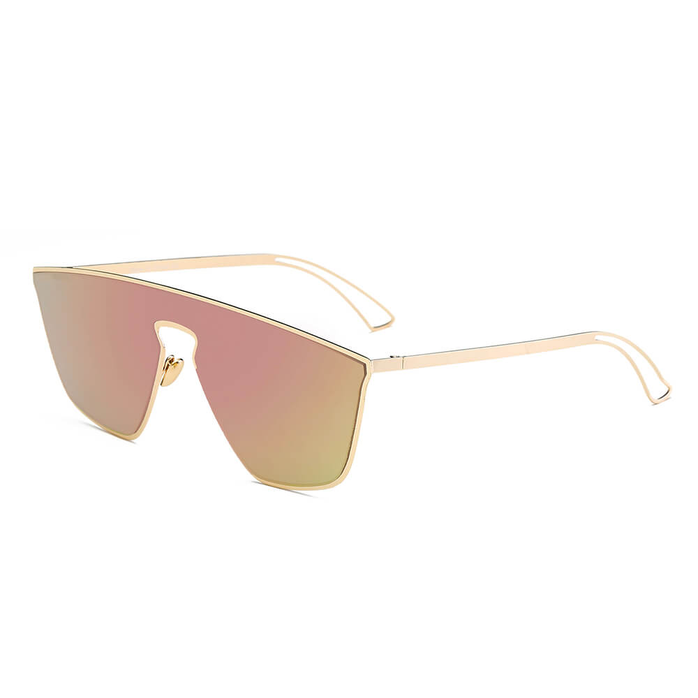 BEVERLY Women Square Futuristic Flat Lens Sunglasses with a sleek metal frame and flat mirrored lenses in various colors.