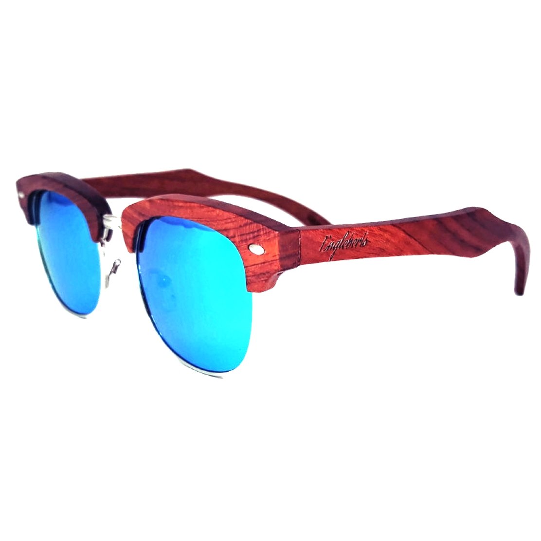 Engleberts Brazilian Pear Wood Sunglasses with Ice Blue Polarized Lenses, showcasing handcrafted design and eco-friendly materials.