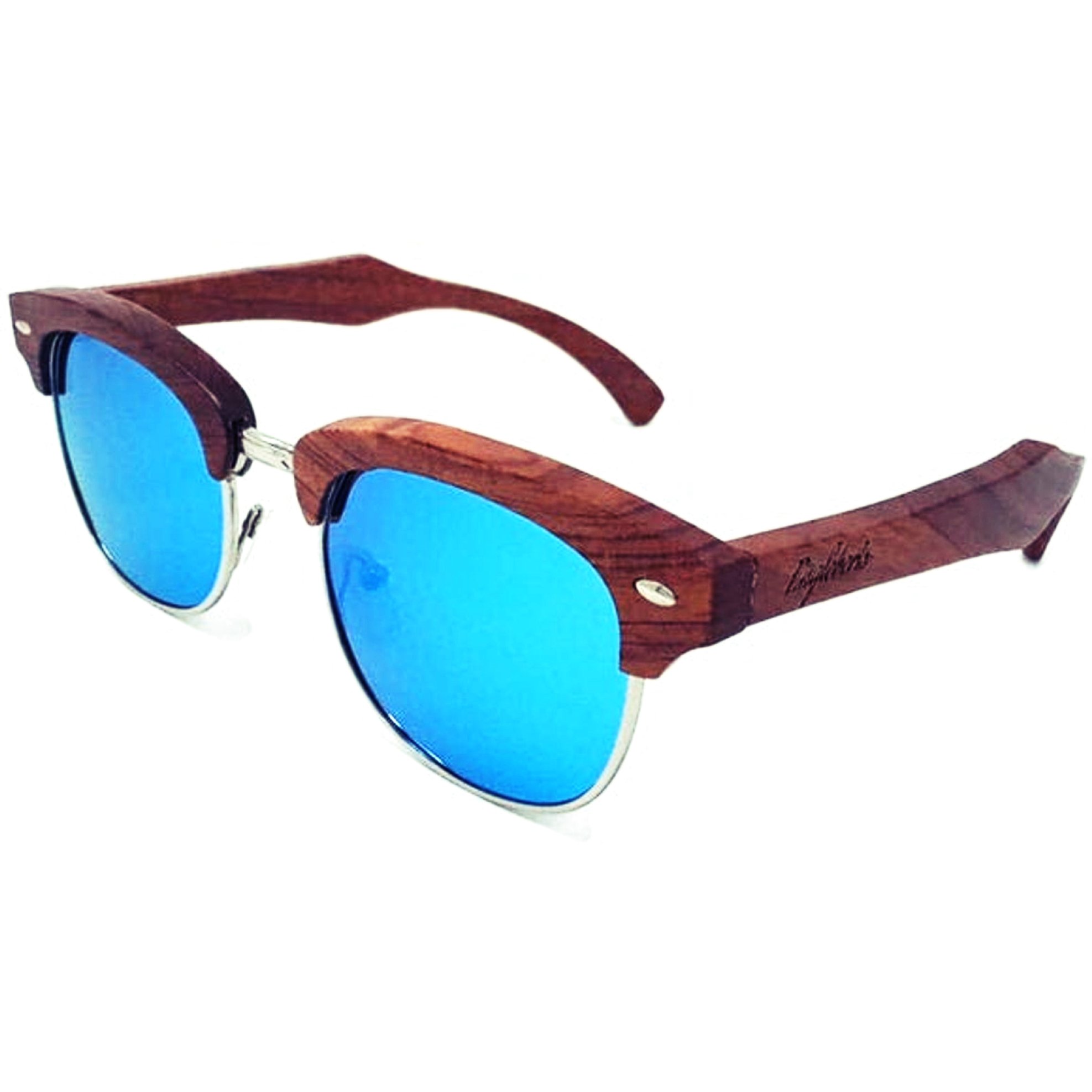 Engleberts Brazilian Pear Wood Sunglasses with Ice Blue Polarized Lenses, showcasing handcrafted design and eco-friendly materials.