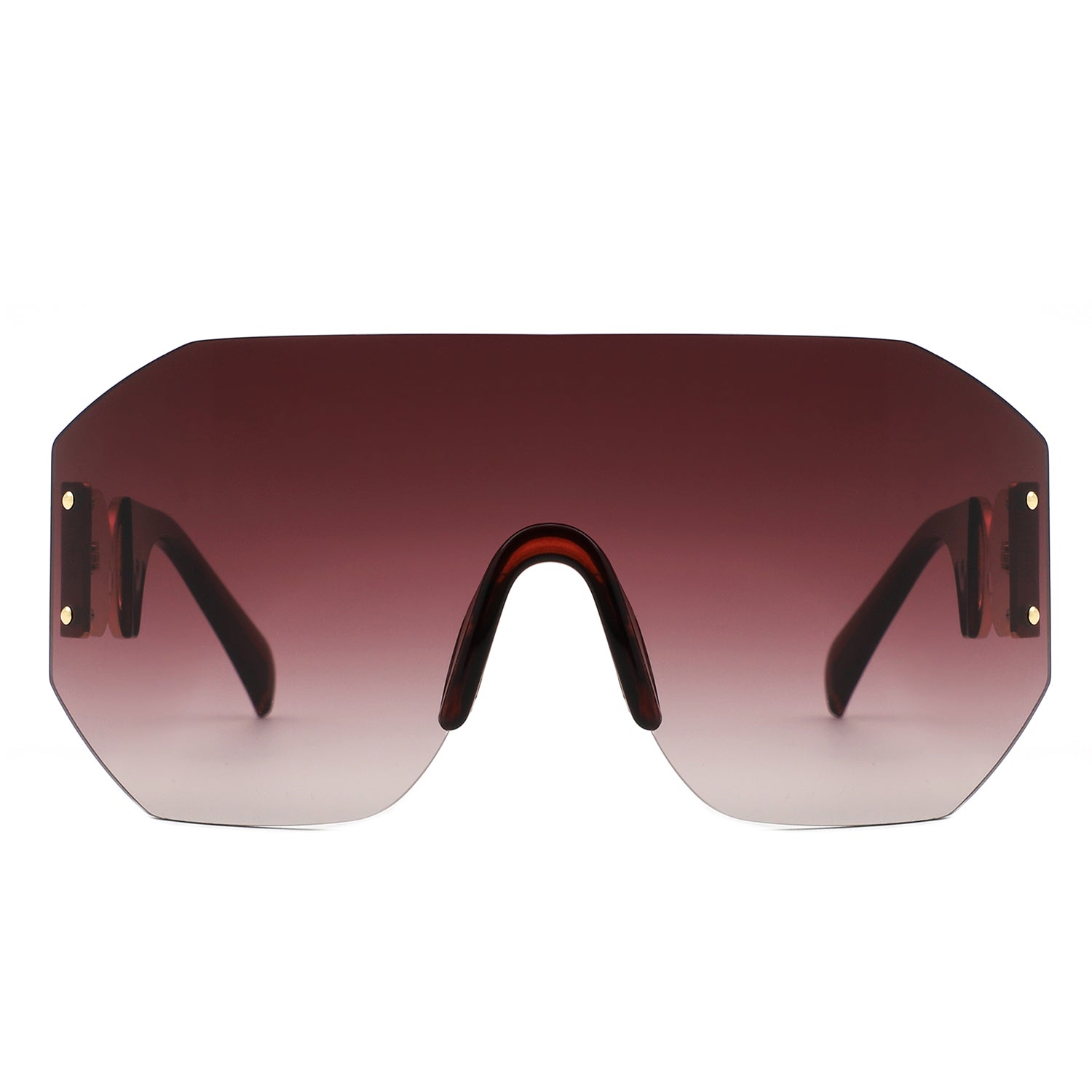 Brio Oversized Bold Square Retro Rimless Sunglasses with a sleek design and UV protection, displayed in stylish packaging.