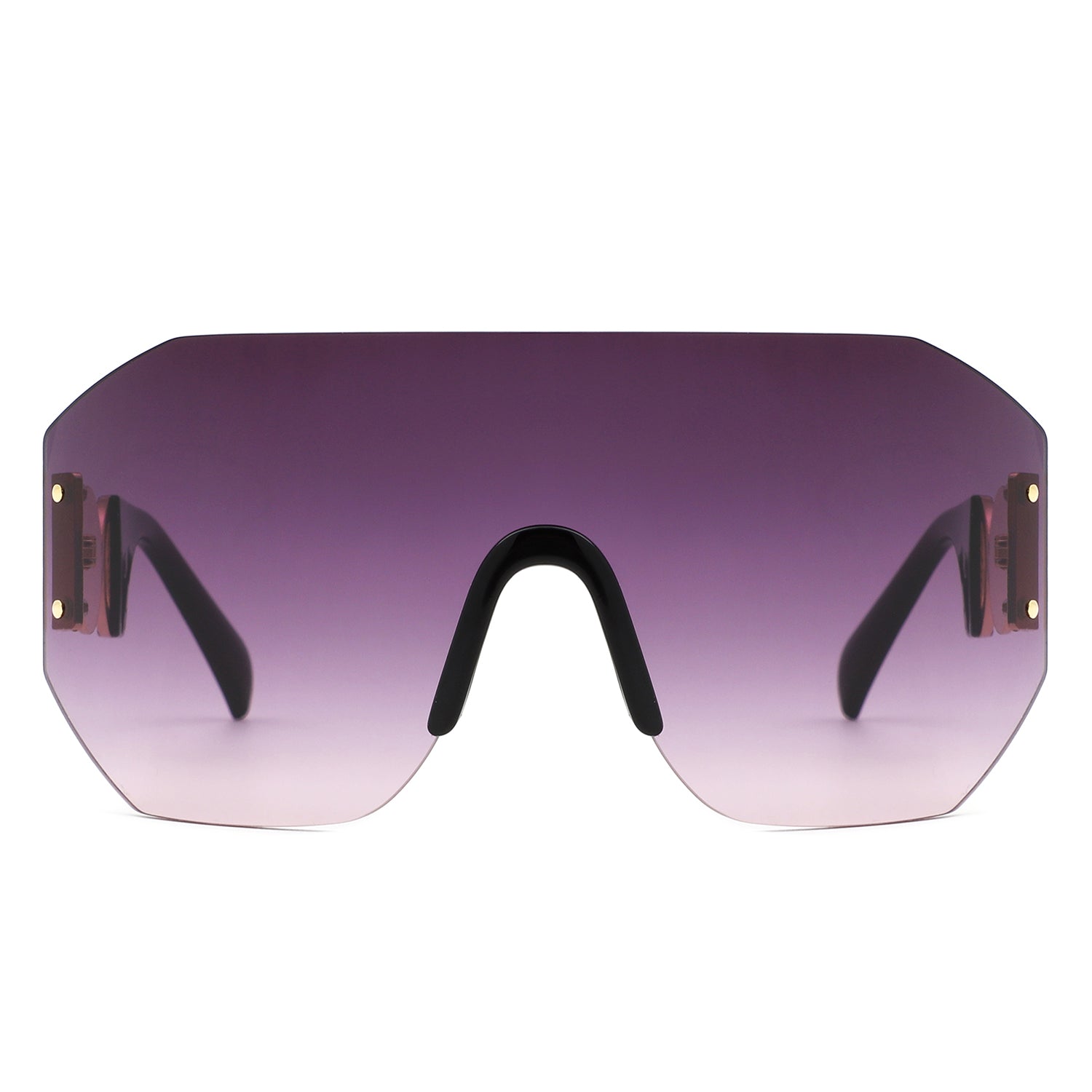 Brio Oversized Bold Square Retro Rimless Sunglasses with a sleek design and UV protection, displayed in stylish packaging.