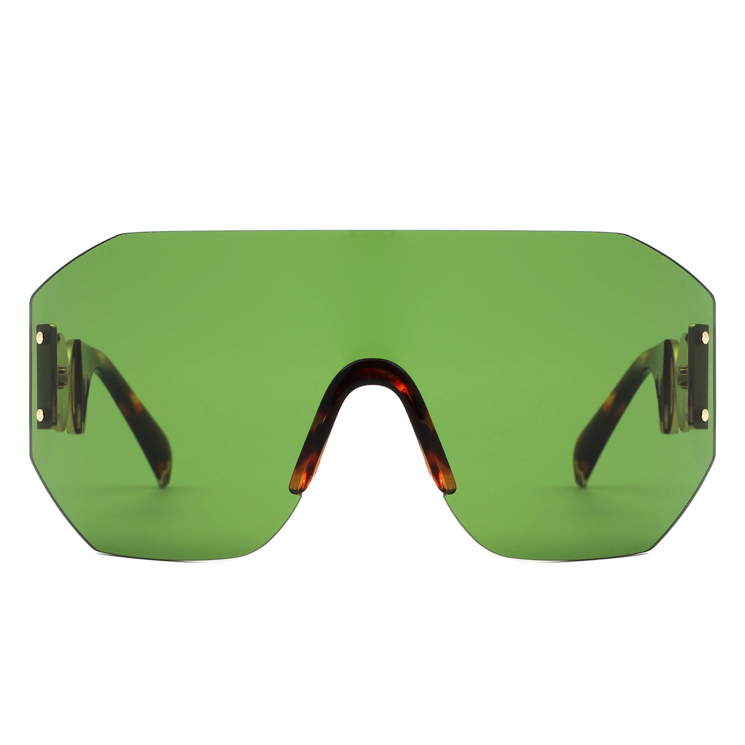 Brio Oversized Bold Square Retro Rimless Sunglasses with a sleek design and UV protection, displayed in stylish packaging.