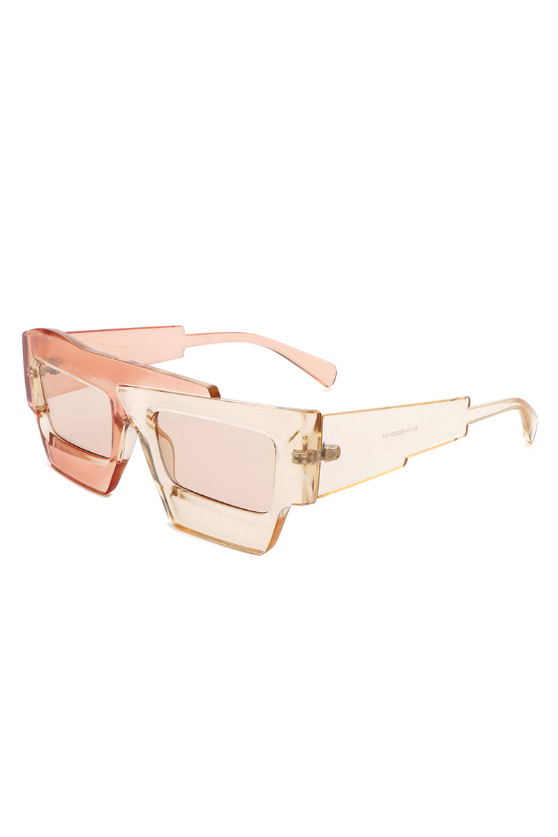 Brynden Futuristic Square Irregular Flat Top Two-Tone Sunglasses with stylish two-tone frame and polycarbonate lenses.