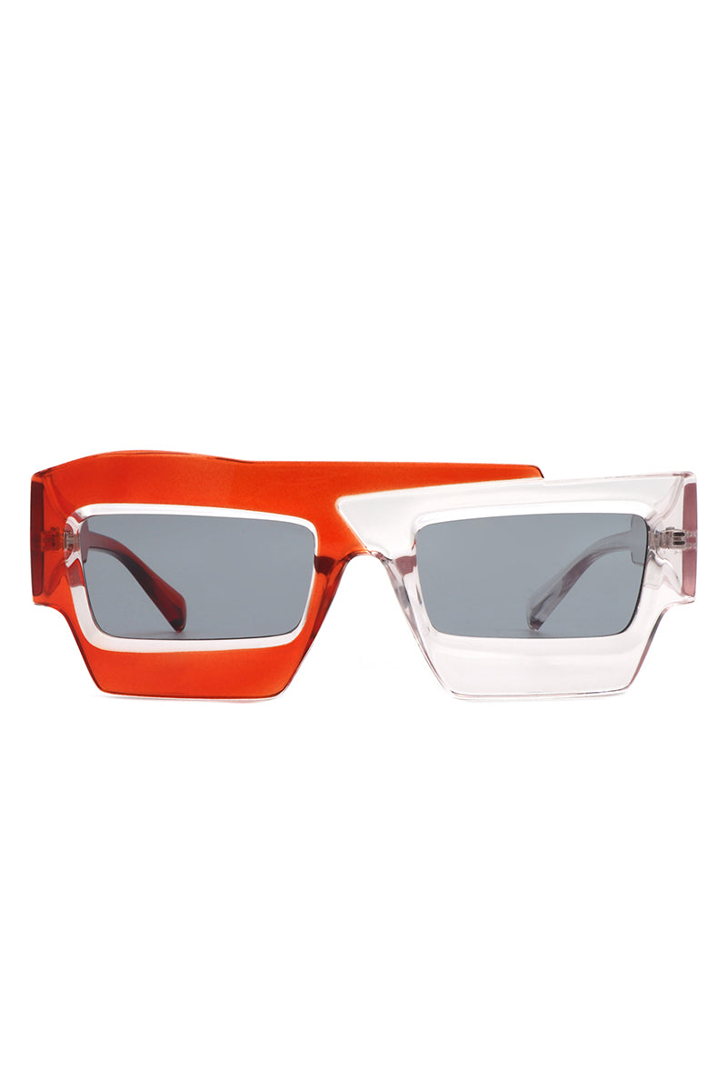 Brynden Futuristic Square Irregular Flat Top Two-Tone Sunglasses with stylish two-tone frame and polycarbonate lenses.
