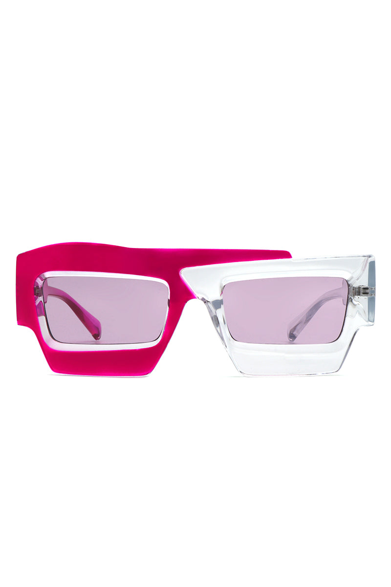 Brynden Futuristic Square Irregular Flat Top Two-Tone Sunglasses with stylish two-tone frame and polycarbonate lenses.