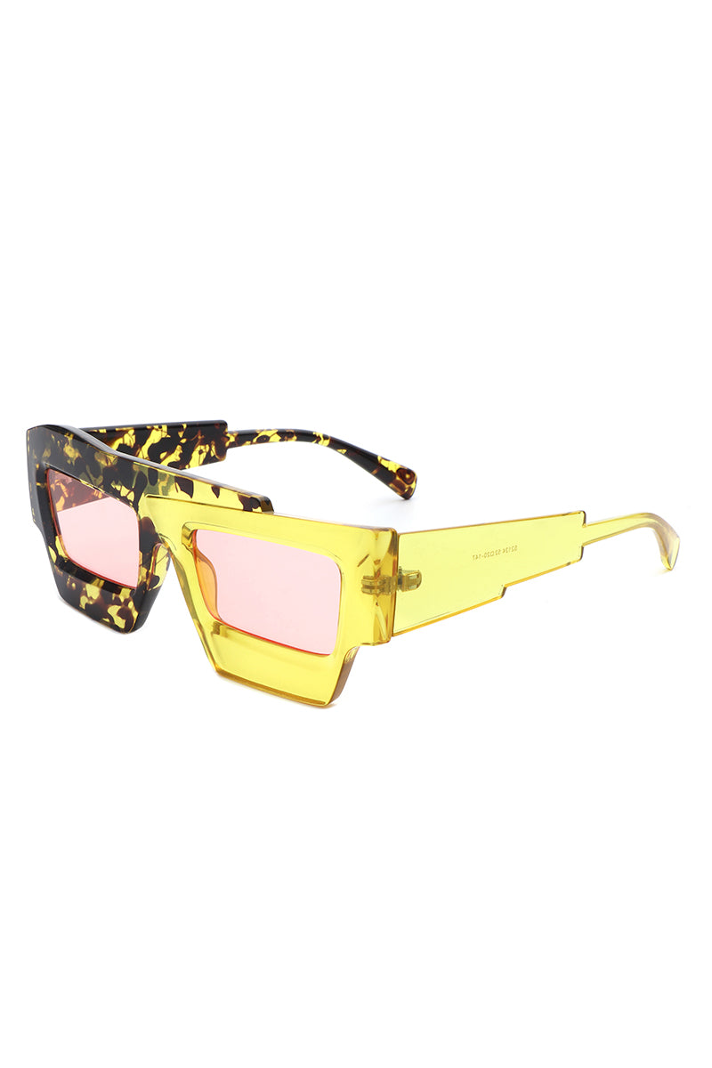 Brynden Futuristic Square Irregular Flat Top Two-Tone Sunglasses with stylish two-tone frame and polycarbonate lenses.