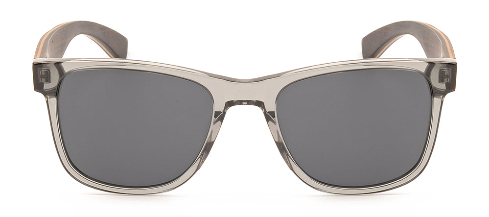 Charlie Acetate & Wood Sunglasses featuring a classic design with brown, tortoise, and transparent grey frames and natural wood arms.