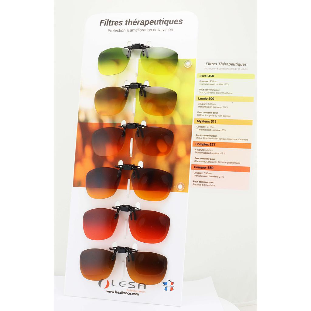 A set of 6 colorful clips designed for individuals with cataract, glaucoma, and AMD, showcasing various tints for visual comfort.