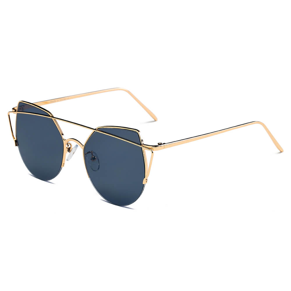 DILLON Modern Cat Eye Mirrored Flat Lens Sunglasses featuring a unique round half frame and high pointed temples for an elegant look.