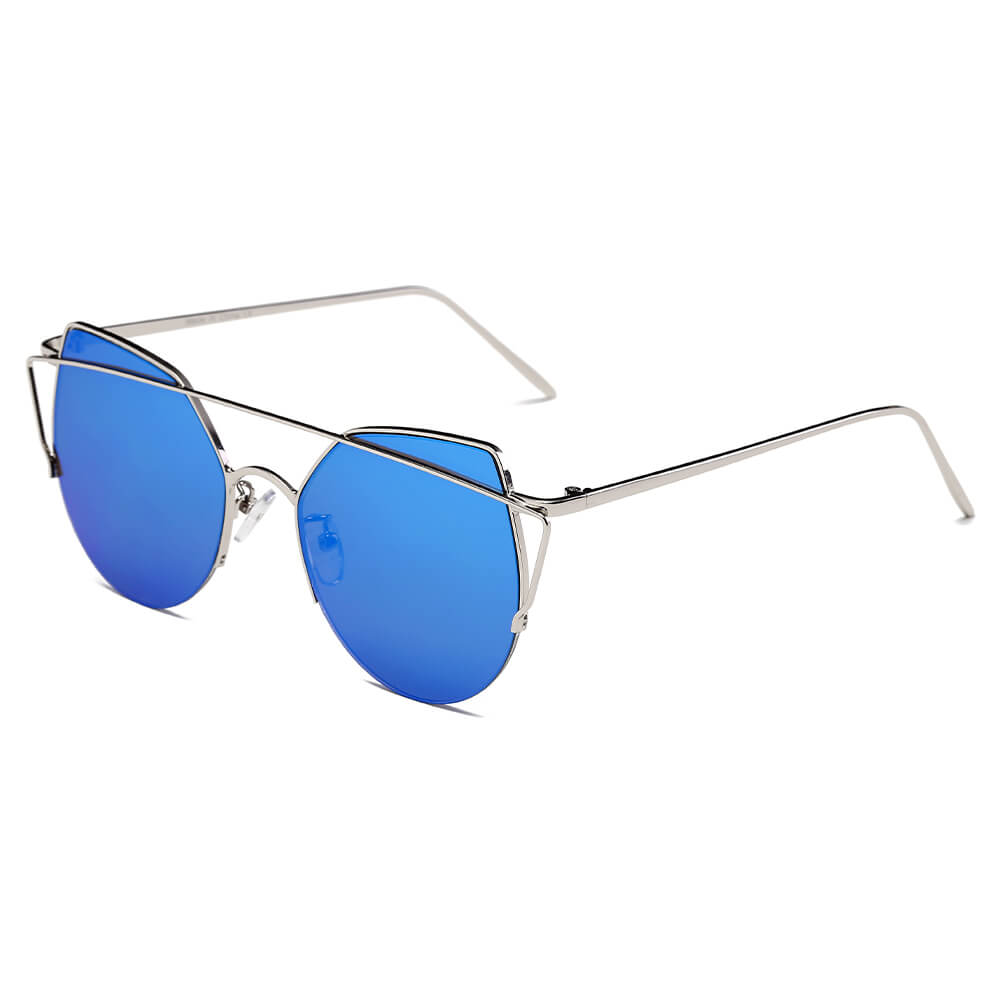 DILLON Modern Cat Eye Mirrored Flat Lens Sunglasses featuring a unique round half frame and high pointed temples for an elegant look.