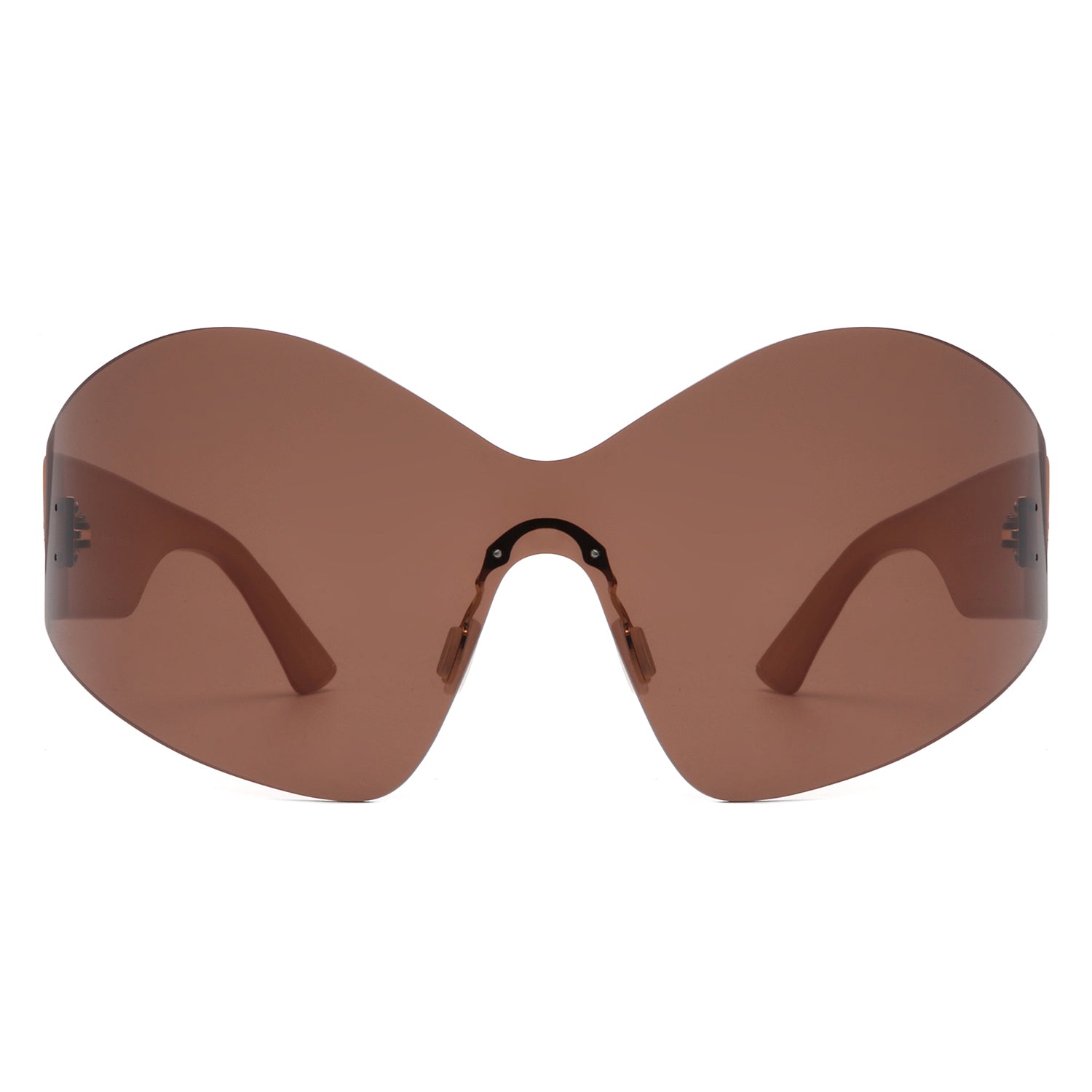 Electra Oversized Rimless Wraparound Shield Sunglasses with a sleek design and protective lenses.
