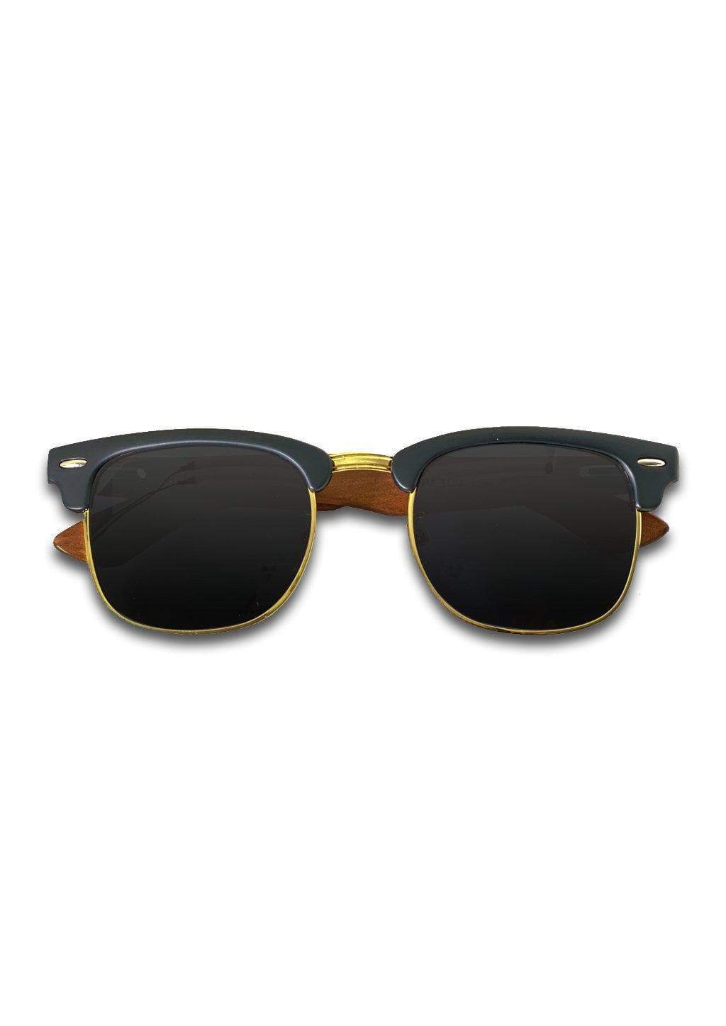 Eyewood Clubmaster - Adrian sunglasses featuring handcrafted rosewood frame and polarized black mirror lenses, presented in an empress tree case.