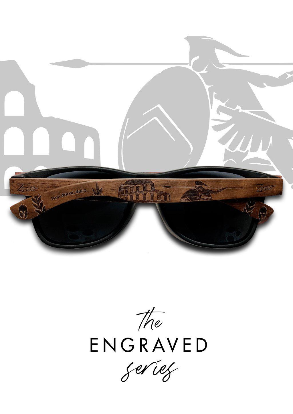 Eyewood Gladiator engraved wooden sunglasses featuring rosewood temples and polarized black lenses, showcasing unique ancient Roman patterns.