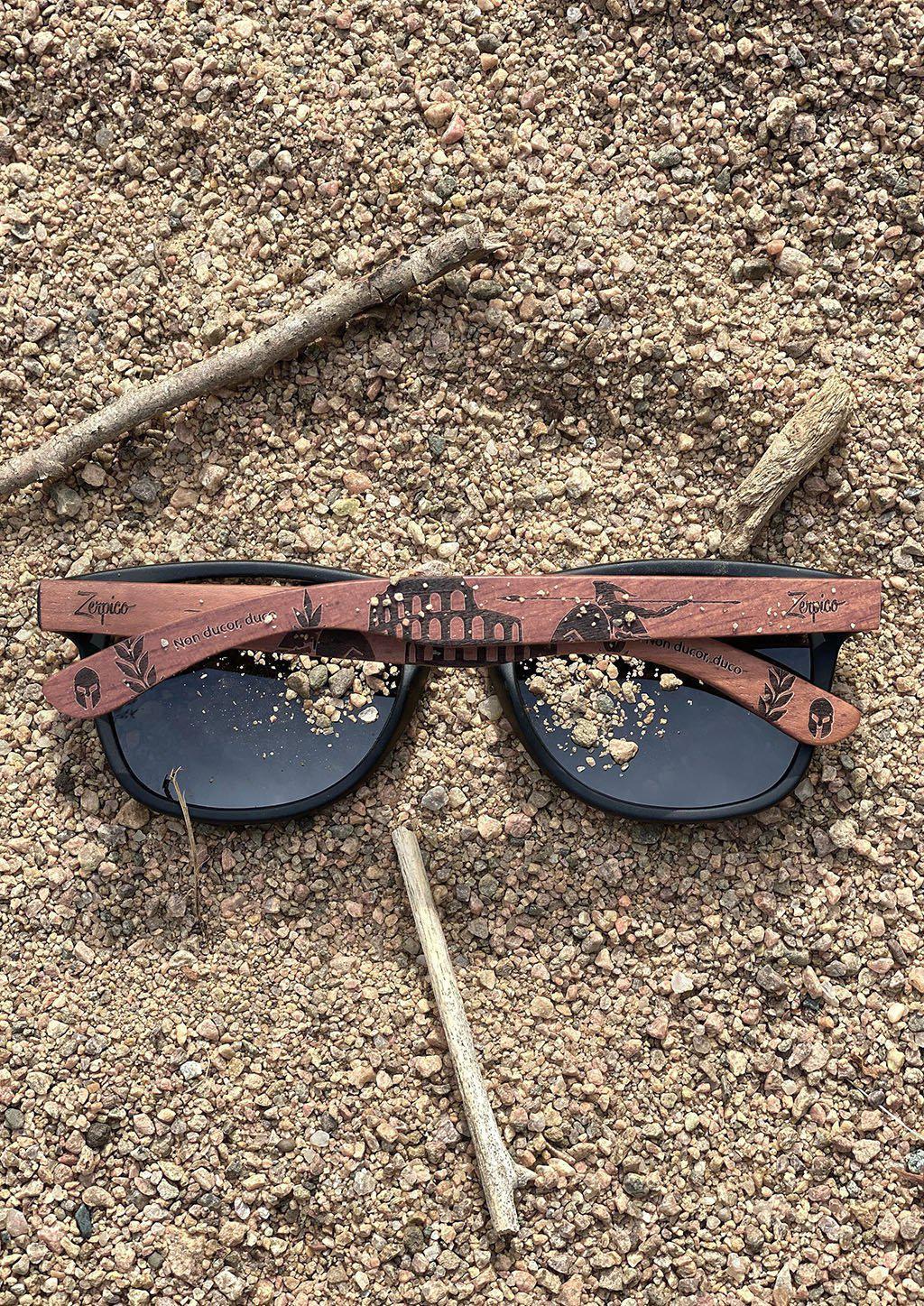 Eyewood Gladiator engraved wooden sunglasses featuring rosewood temples and polarized black lenses, showcasing unique ancient Roman patterns.