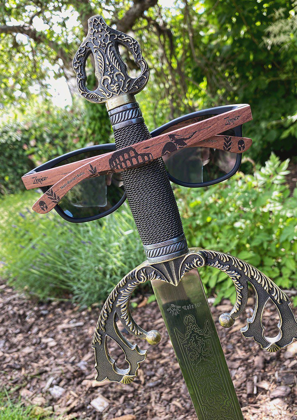 Eyewood Gladiator engraved wooden sunglasses featuring rosewood temples and polarized black lenses, showcasing unique ancient Roman patterns.