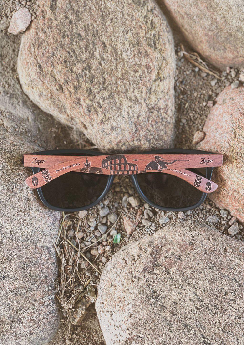 Eyewood Gladiator engraved wooden sunglasses featuring rosewood temples and polarized black lenses, showcasing unique ancient Roman patterns.