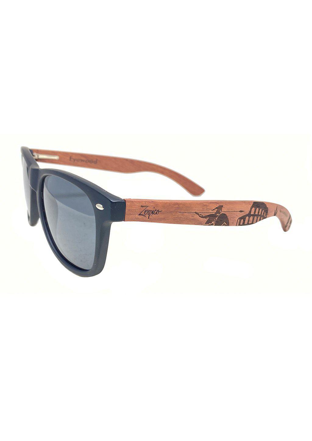 Eyewood Gladiator engraved wooden sunglasses featuring rosewood temples and polarized black lenses, showcasing unique ancient Roman patterns.