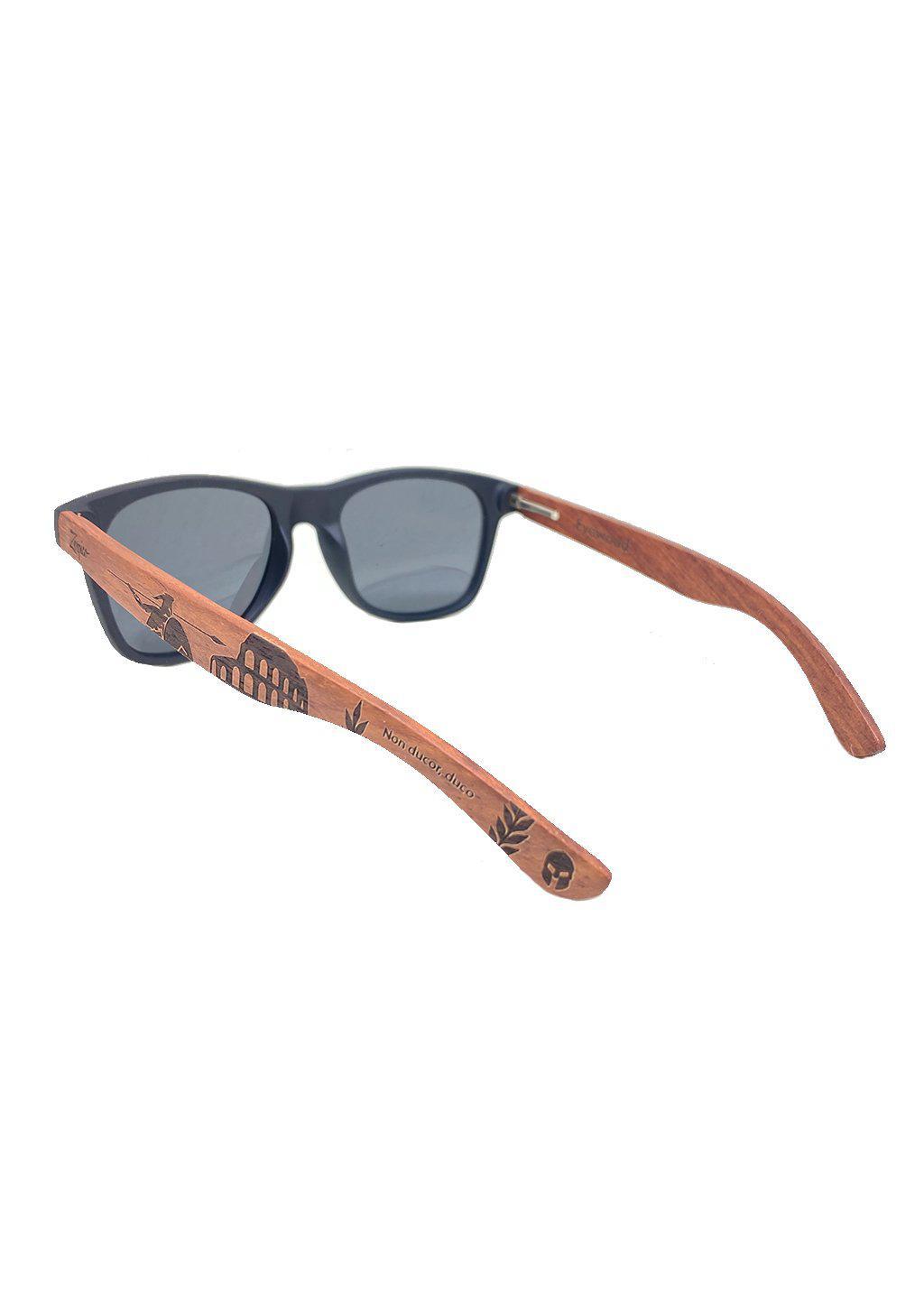 Eyewood Gladiator engraved wooden sunglasses featuring rosewood temples and polarized black lenses, showcasing unique ancient Roman patterns.
