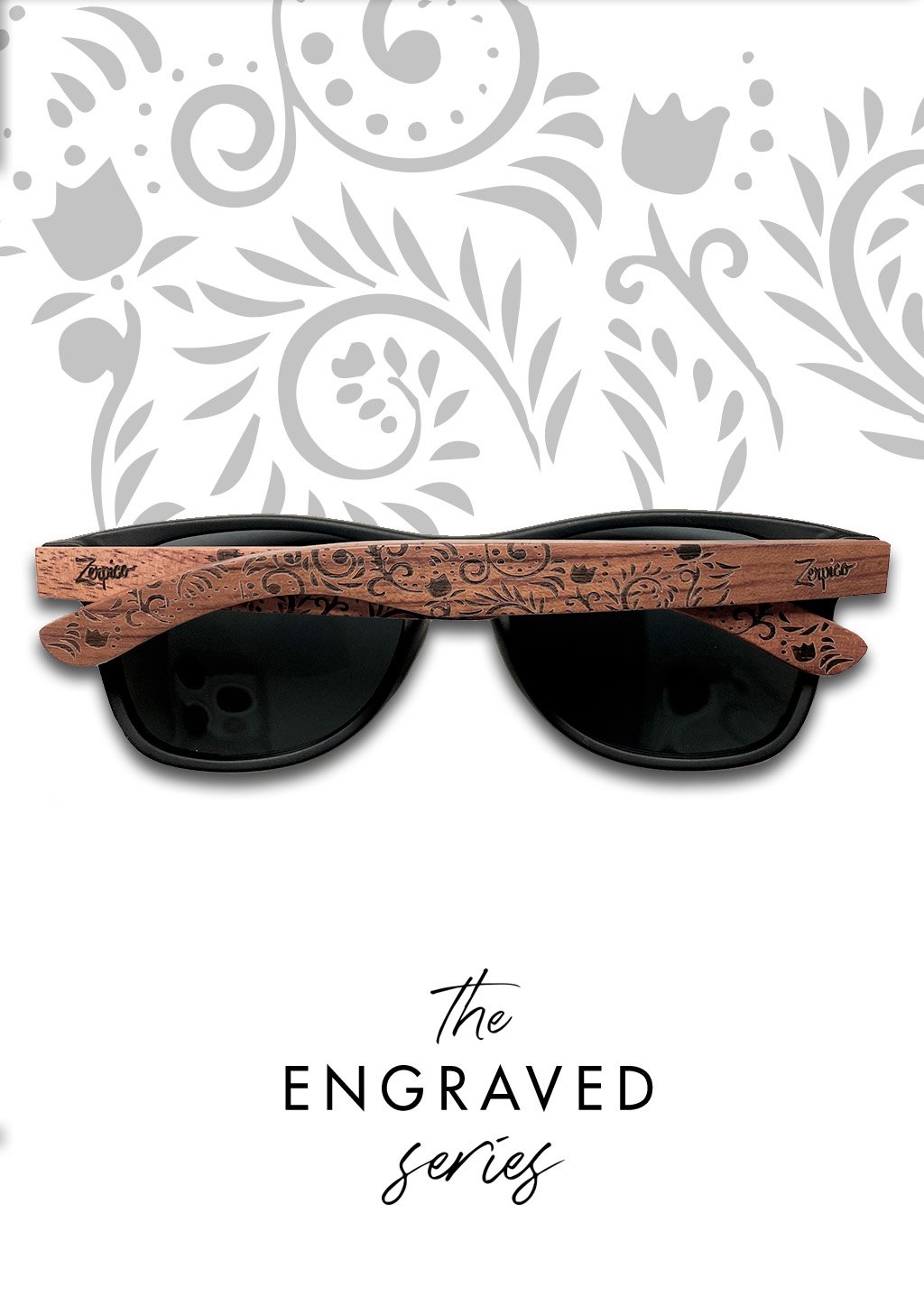 Eyewood engraved wooden sunglasses made from rosewood with a flower pattern, showcasing polarized black lenses and stainless steel hinges.