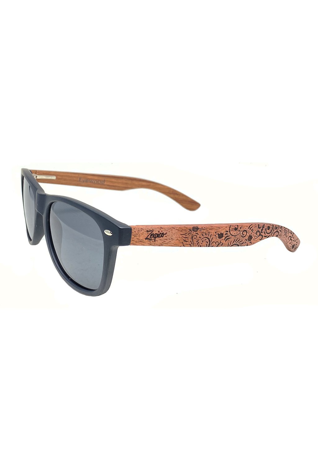 Eyewood engraved wooden sunglasses made from rosewood with a flower pattern, showcasing polarized black lenses and stainless steel hinges.
