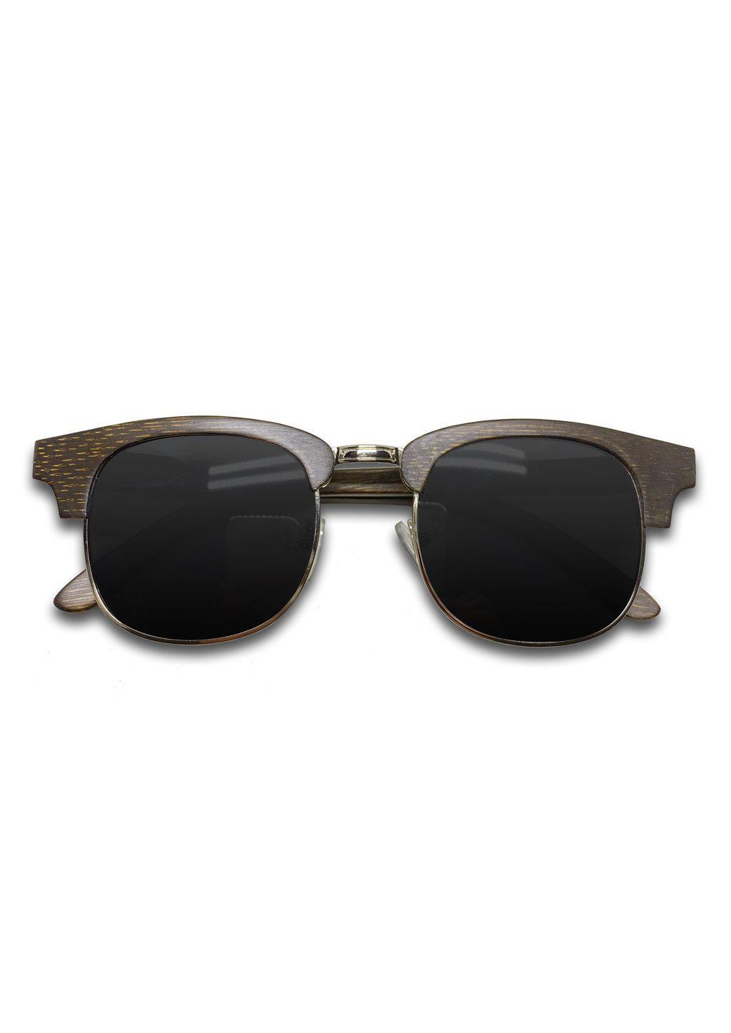 Eyewood Full Wood Clubmaster - Skyler sunglasses featuring a full wooden frame, polarized black lenses, and stainless steel hinges.