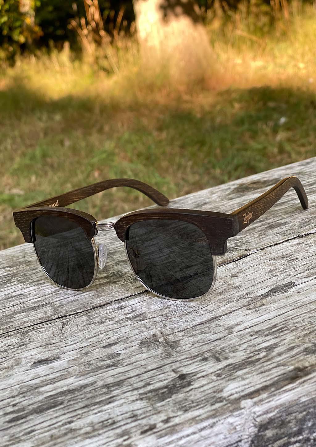 Eyewood Full Wood Clubmaster - Skyler sunglasses featuring a full wooden frame, polarized black lenses, and stainless steel hinges.
