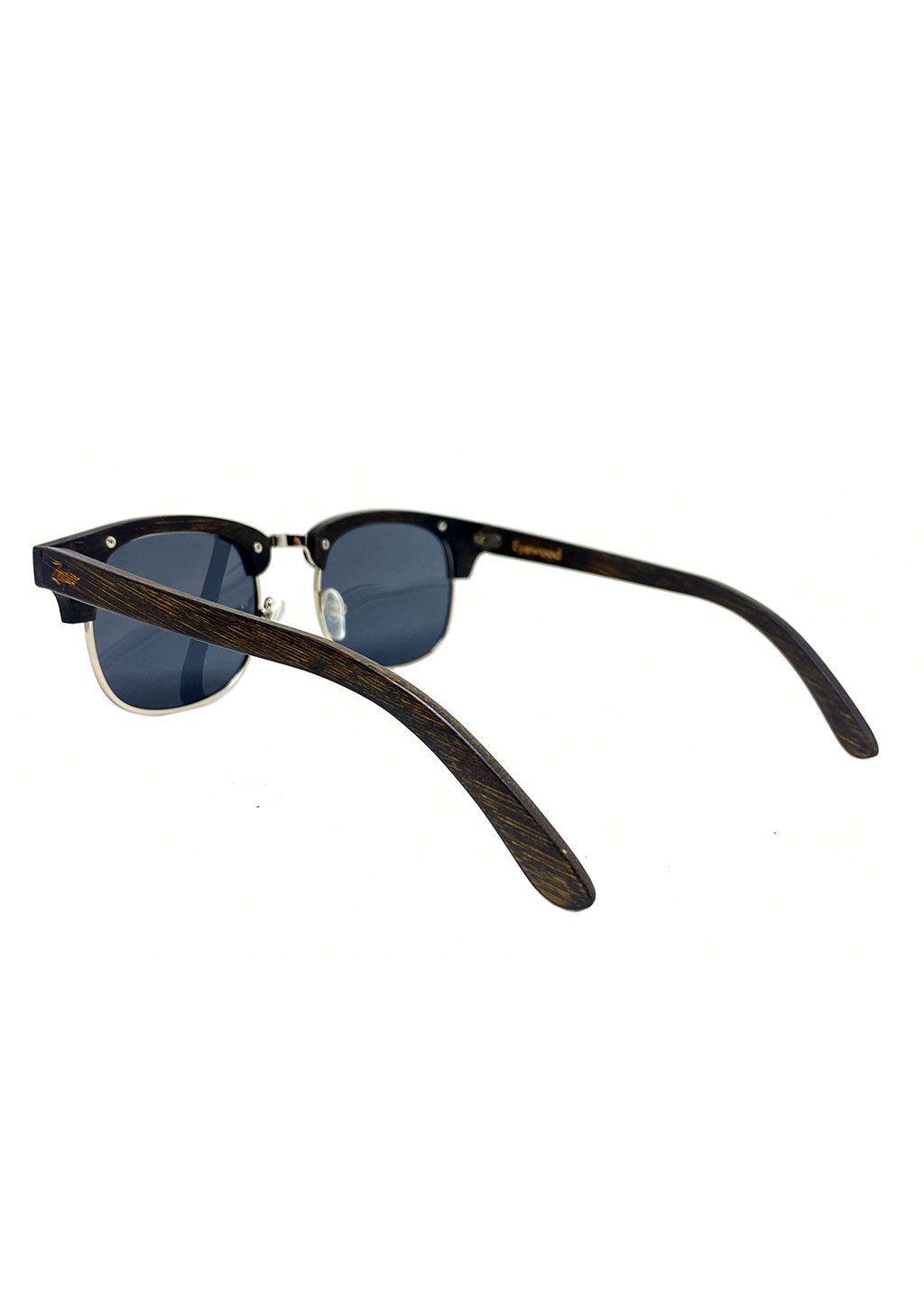 Eyewood Full Wood Clubmaster - Skyler sunglasses featuring a full wooden frame, polarized black lenses, and stainless steel hinges.
