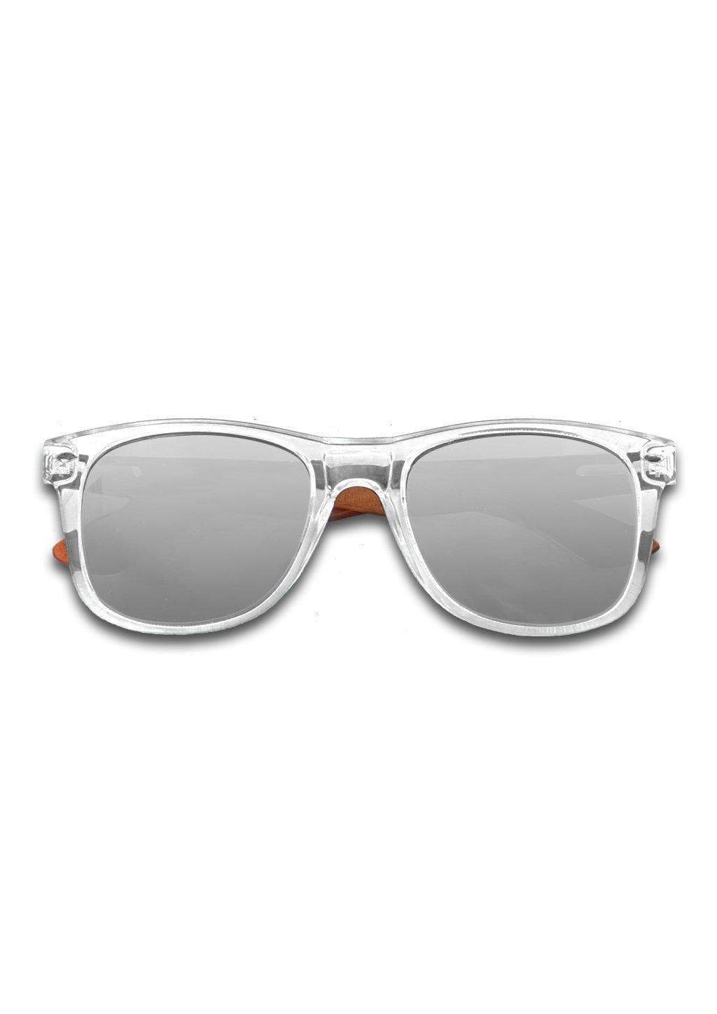 Eyewood Wayfarer - Crystal sunglasses featuring handmade rosewood frame, polarized silver mirror lenses, and stainless steel hinges.