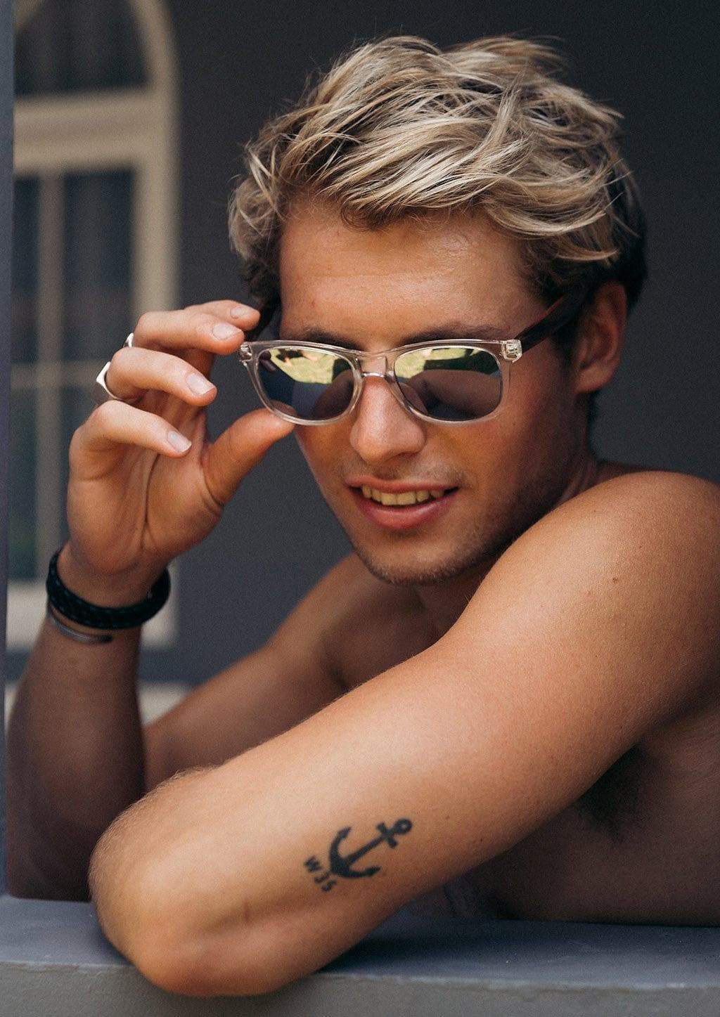 Eyewood Wayfarer - Crystal sunglasses featuring handmade rosewood frame, polarized silver mirror lenses, and stainless steel hinges.