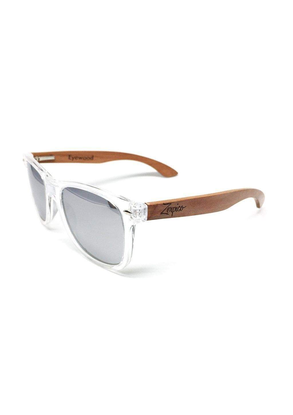 Eyewood Wayfarer - Crystal sunglasses featuring handmade rosewood frame, polarized silver mirror lenses, and stainless steel hinges.
