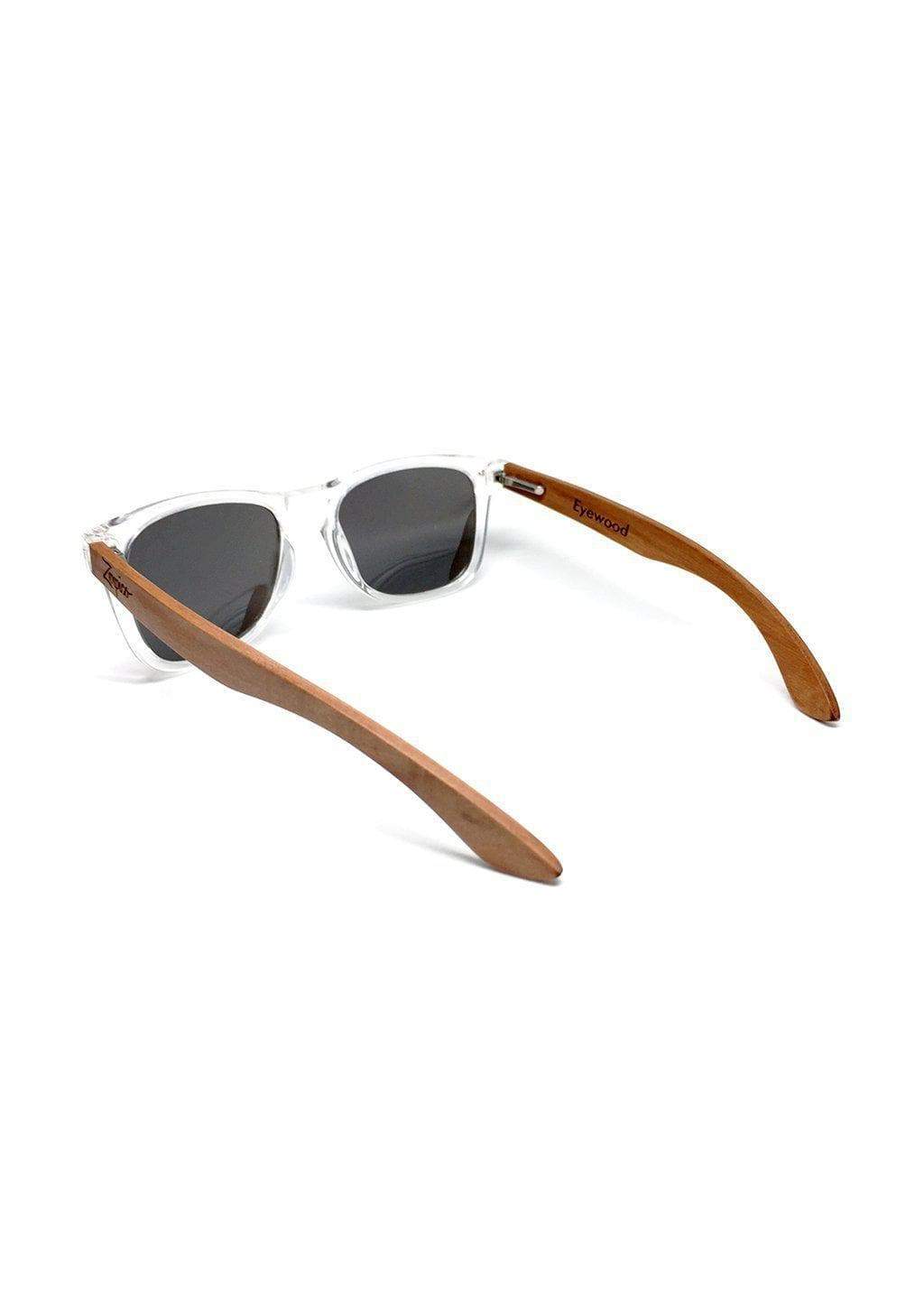Eyewood Wayfarer - Crystal sunglasses featuring handmade rosewood frame, polarized silver mirror lenses, and stainless steel hinges.