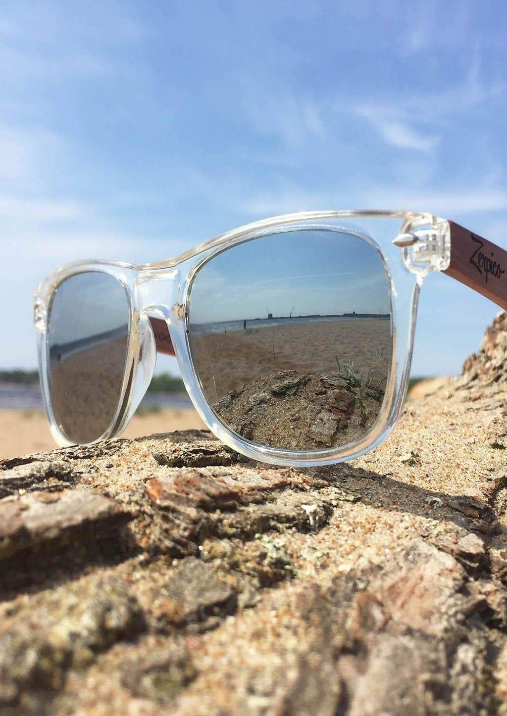Eyewood Wayfarer - Crystal sunglasses featuring handmade rosewood frame, polarized silver mirror lenses, and stainless steel hinges.