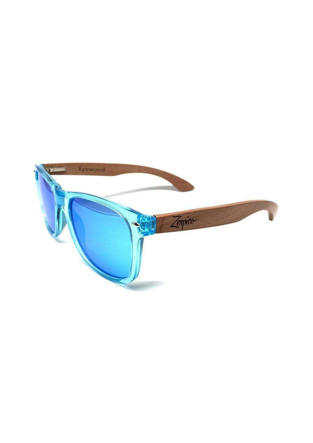 Eyewood Wayfarer - Sapphire wooden sunglasses with blue mirror lenses and rosewood frame, displayed elegantly.