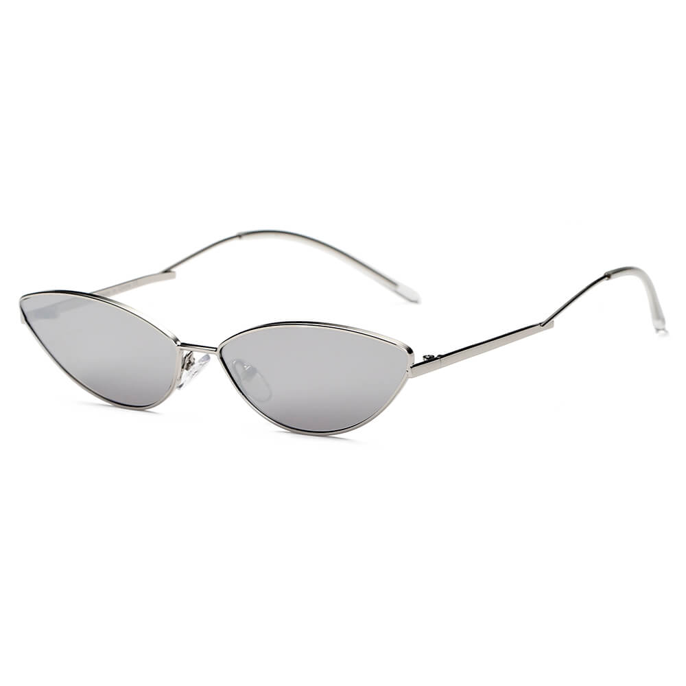 FLINT Small True Retro Vintage Slim Metal Sunglasses featuring a stylish cat-eye design with a sleek metal frame and polycarbonate lenses.