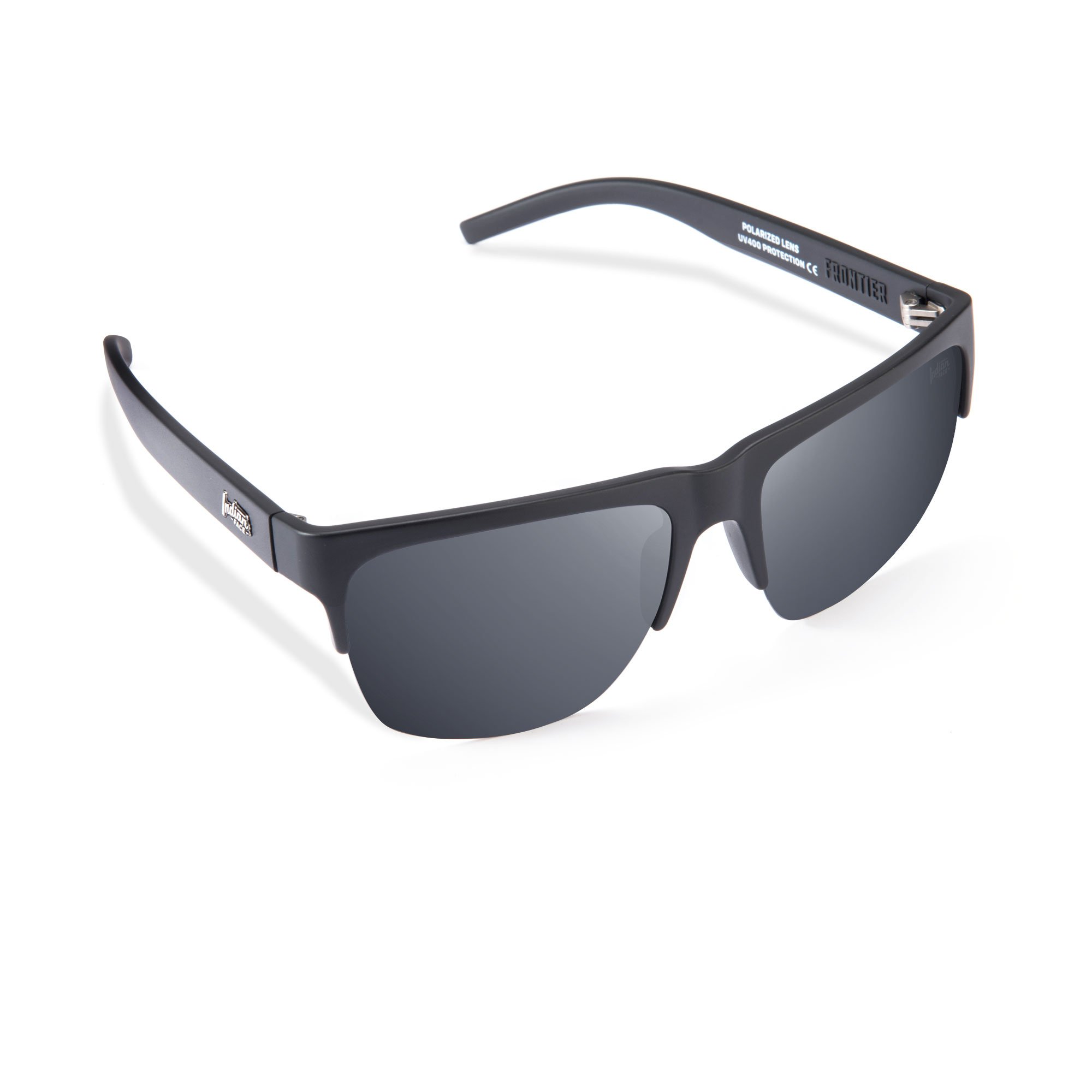 Frontier Black/Black sunglasses featuring polarized lenses and a lightweight frame, perfect for outdoor activities.